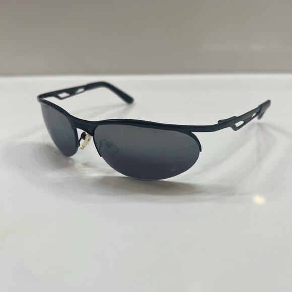 Police Oval Designer Sunglasses Vintage 80's Black Half Frame Flex Hinges 60-17 - Picture 1 of 7